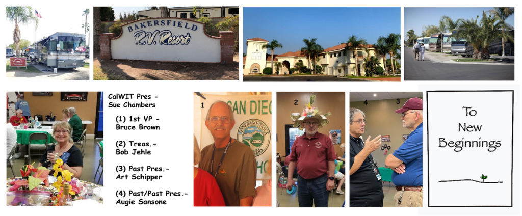Collage of photos of RV park and people gathered.